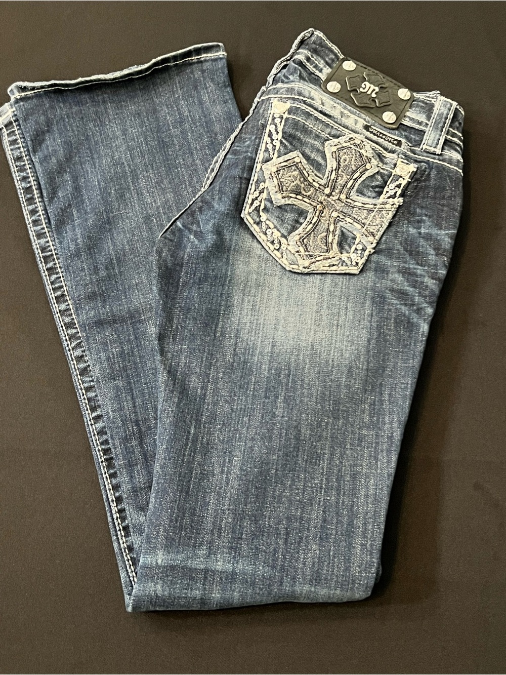 Miss Me Women's Blue Boot Cut Jeans with Embroidered Cross Pocket